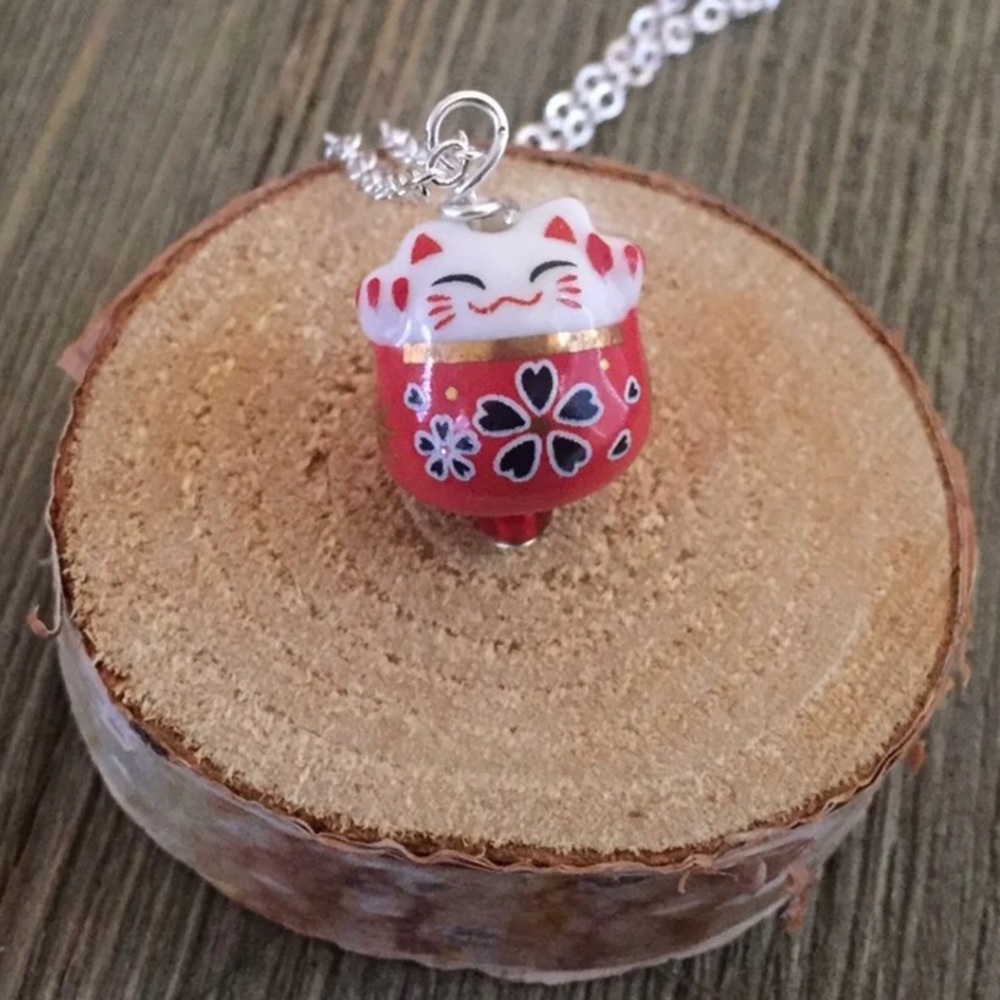 Red Lucky Cat Maneki Neko Necklace